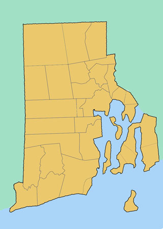 Map of Rhode Island with the various child and family service areas highlighted. Mouse-over the text to the right to highlight the different service areas.