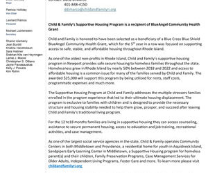 Child & Family’s Supportive Housing Program is a recipient of BlueAngel Community Health Grant